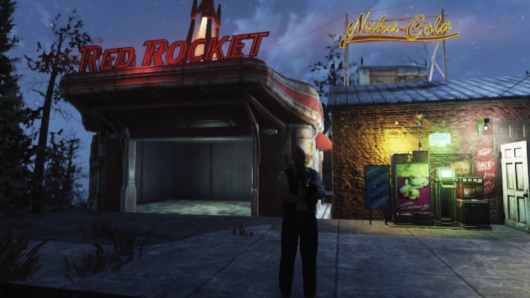 「Fallout76」C.A.M.P.アイテム「レッドロケットのガレージ」に電気を通した様子