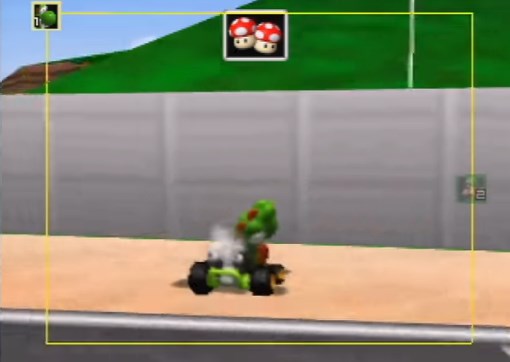 「マリオカート64」ルイージサーキットの壁にぶつかるヨッシー