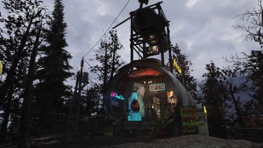 Fallout76でショップに改造された「空飛ぶ要塞」