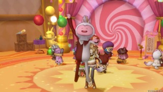 エイプリルフール2026の八頭身プクリポのバルカズが、よろこぶしぐさをするところ